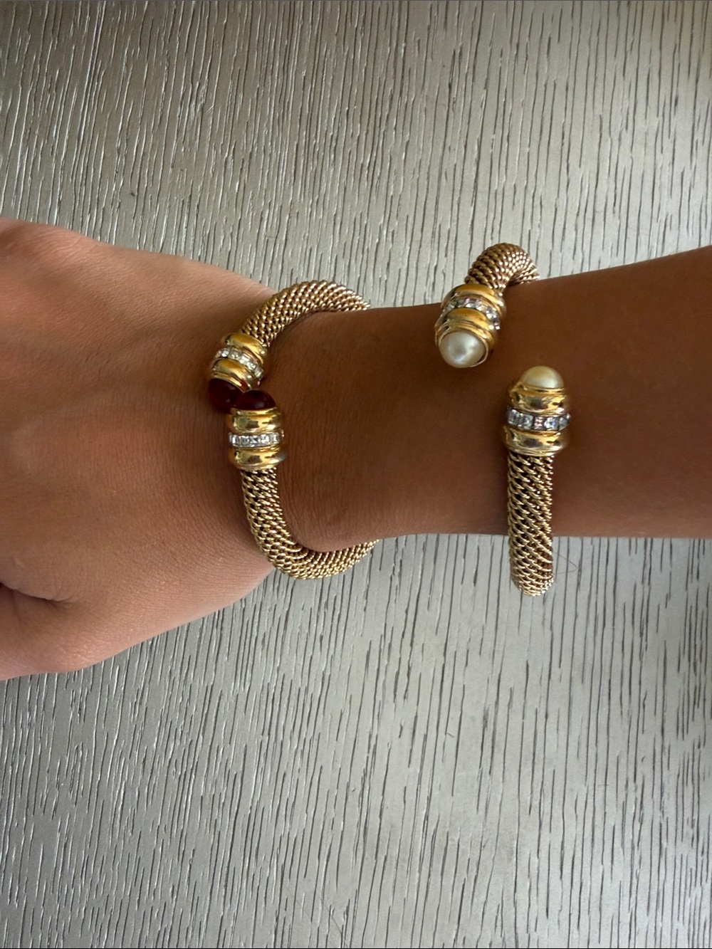 Vintage twoRoberto Cavalli Gold Tone Mesh Cuff Bracelet adWith Pearls And Crysta